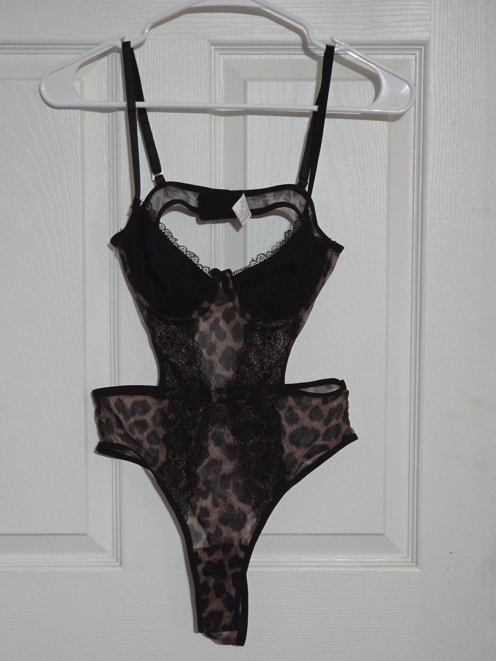 Leopard Sheer Lace Cutout Teddy Bodysuit - Black